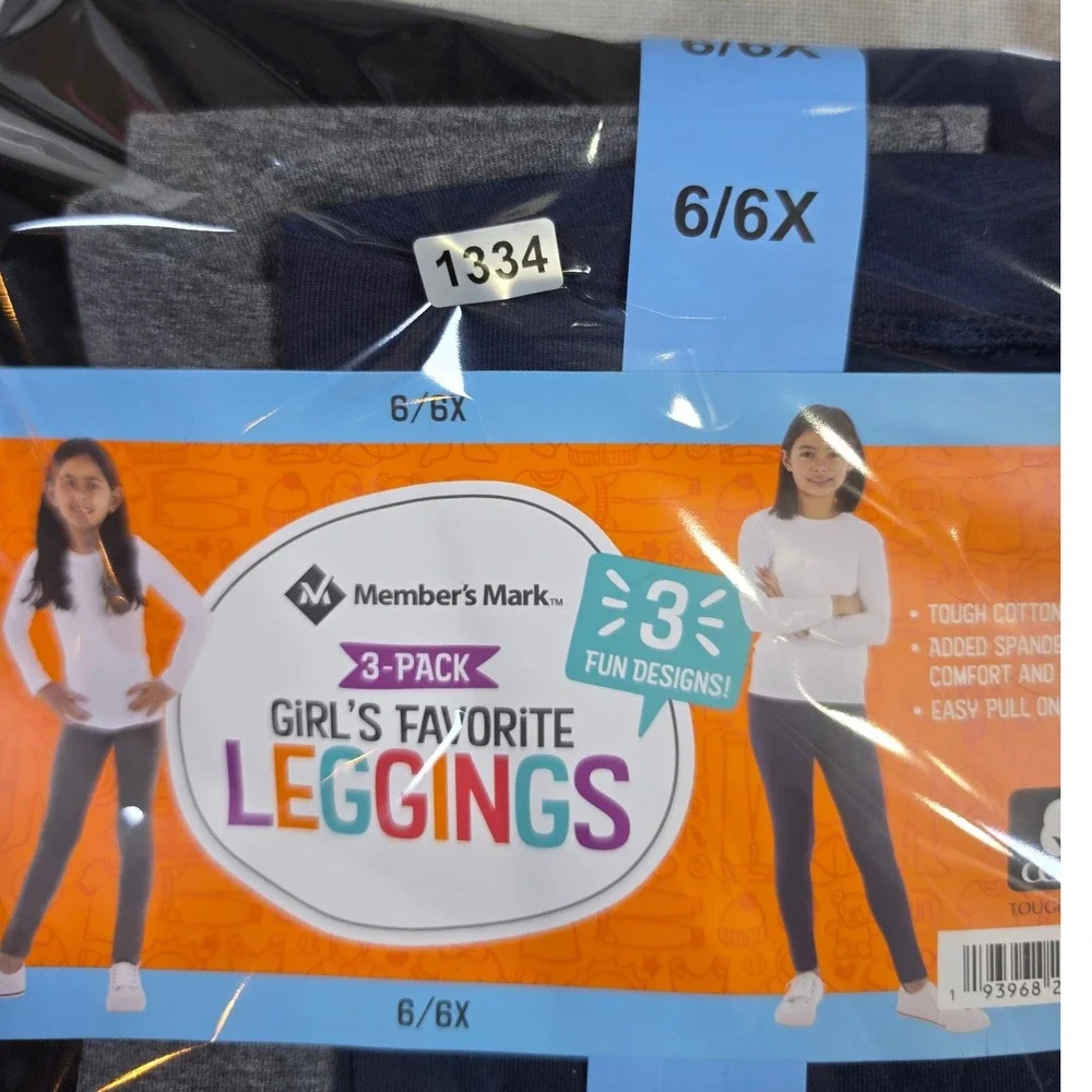 Member's Mark Girls Favorite Leggings 3-Pack Size 6/6X Navy Grey Pink Multi